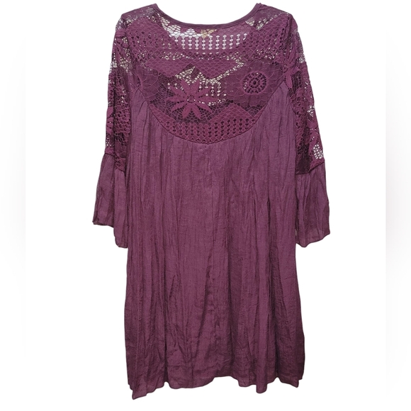 1X Lace Crochet Crinkle Boho 3/4 Bell Sleeve Midi Dress - Picture 3 of 5